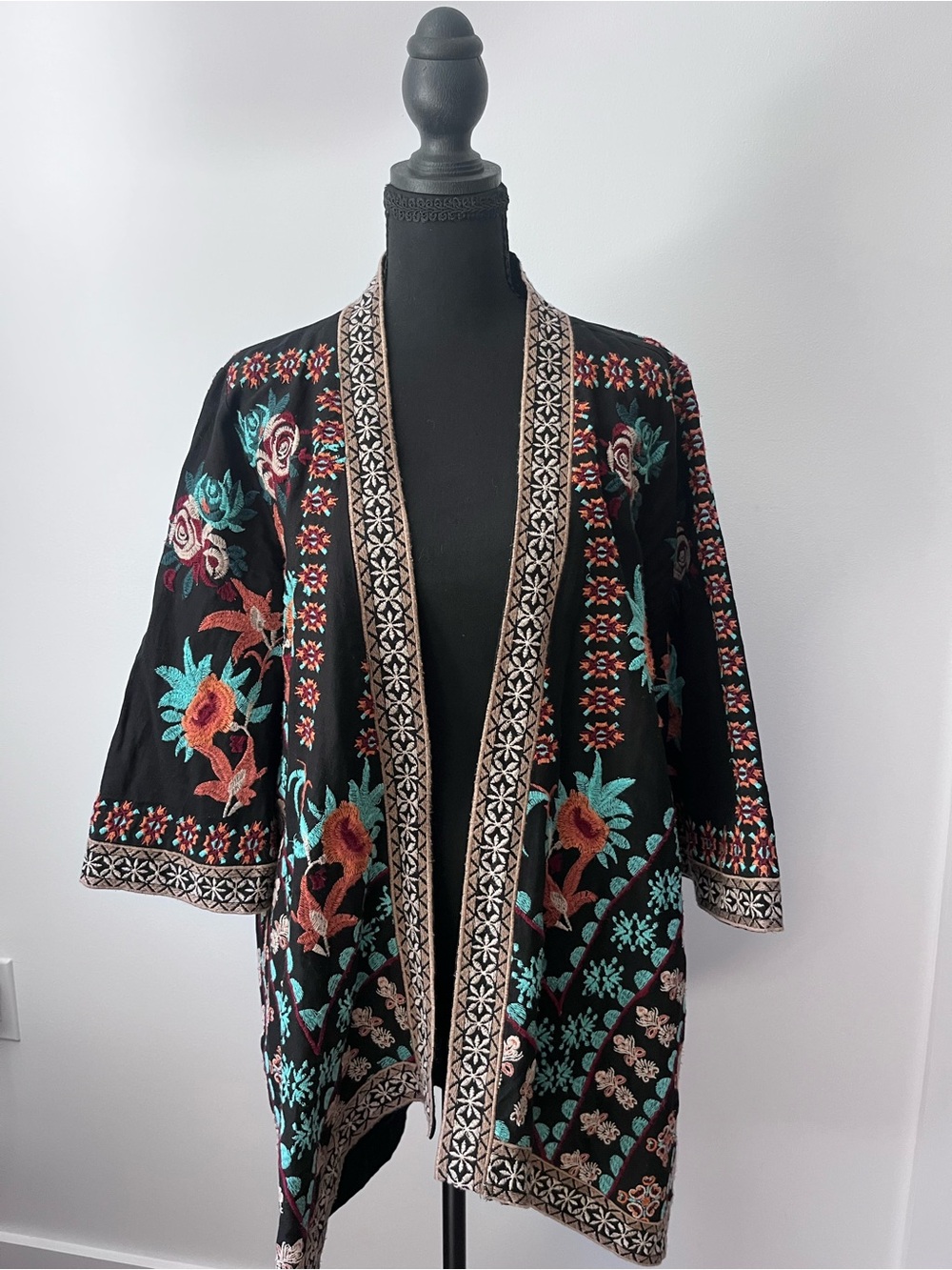 Tolani Black Kimono Jacket with Teal and Maroon Embroidery